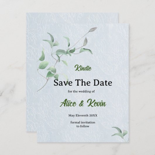 Elegante violette knop op een hemelsblauwe achterg save the date (Voorkant / Achterkant)