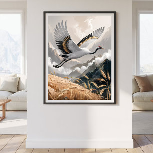 Elegante Vliegende Kraanvogel Boven Gouden Tarwe L Poster