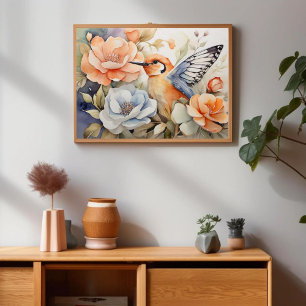 Elegante Vlinder Gevleugelde Vogel en Bloeit Kunst Poster