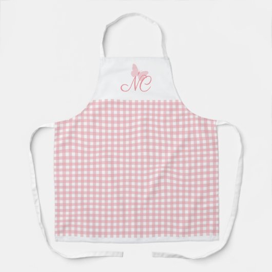 Elegante Vlinder Monogram Perzik Roze Gingham Schort (Voorkant)