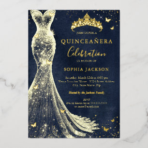 Elegante vlinder Navy Gold Quinceanera Folie Uitnodiging