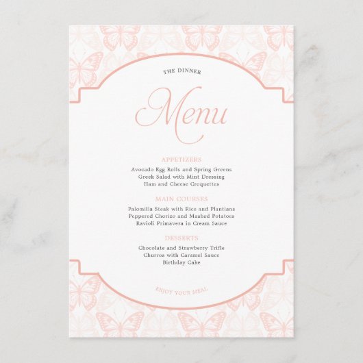 Elegante vlinders Blush Pink Party Menu (Voorkant)