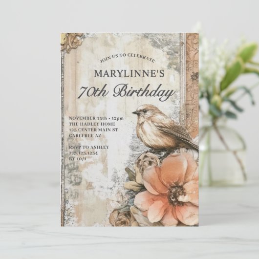 Elegante vogelbloem 70e verjaardag kaart (Staand voorkant)