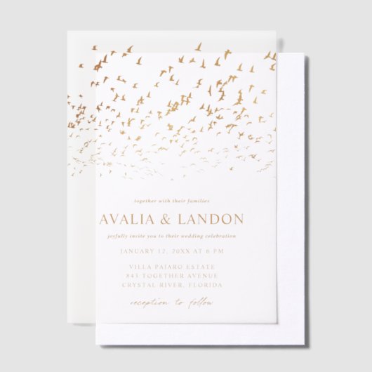 Elegante Vogels van een Veer Zwart en Gouden Bruil Vellum Uitnodigingen (Offset)