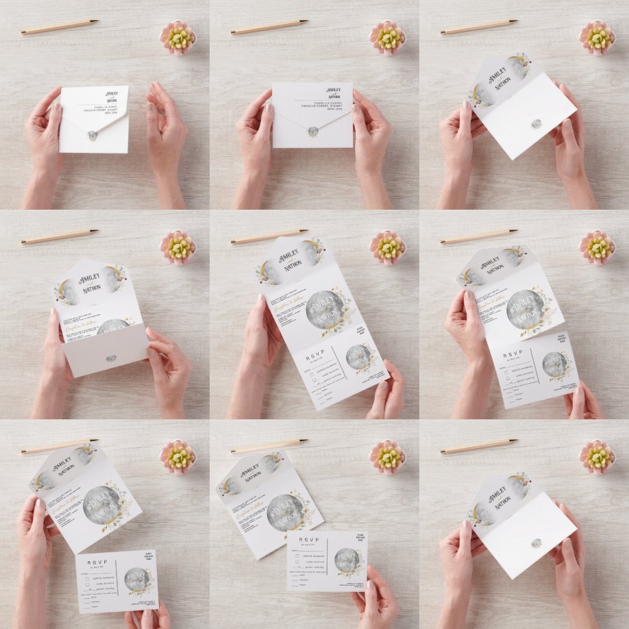 Elegante Volle Maan Wildflower Gouden Waterverf All In One Uitnodiging