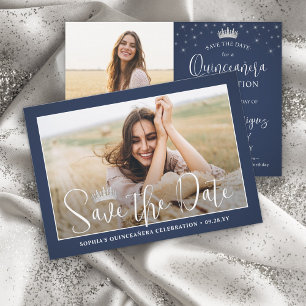 Elegante vonken Quinceañera 2 foto marineblauw Save The Date