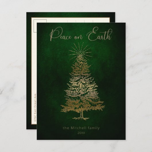 Elegante Vrede op Aarde Gouden Script en Boom Briefkaart (Voorkant / Achterkant)