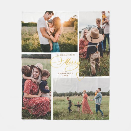 Elegante Vrolijk Goud Kerstmis Vier Fotocollage Fleece Deken (Voorkant)