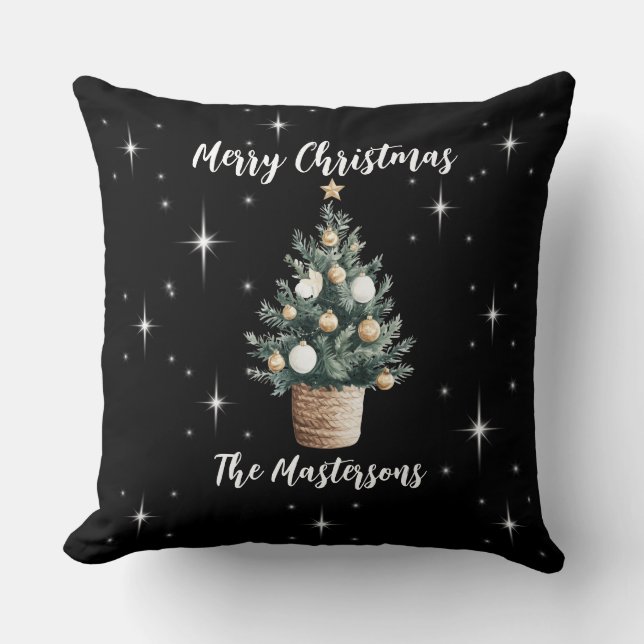 Elegante vrolijke kerst zwart met witte sterren kussen (Voorkant)