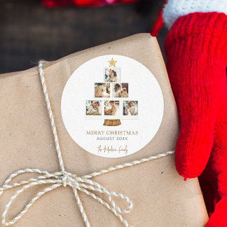 Elegante vrolijke kerstboom foto ronde sticker