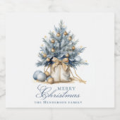 Elegante Vrolijke Kerstboom Goud Blauw Aangepaste Sparkling Wijnetiket (Enkel label)