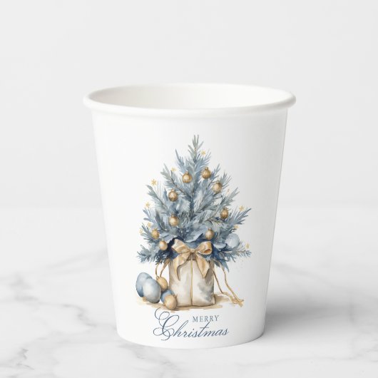 Elegante Vrolijke Kerstboom Goud Blauw Waterverf Papieren Bekers (Achterkant)