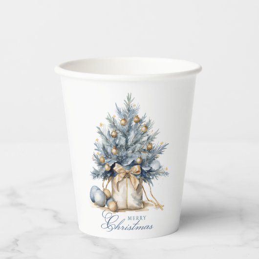 Elegante Vrolijke Kerstboom Goud Blauw Waterverf Papieren Bekers (Voorkant)