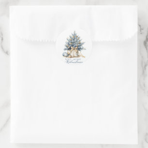 Elegante Vrolijke Kerstboom Goud Blauw Waterverf Ronde Sticker