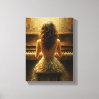 Elegante vrouw aan piano in gouden licht canvas afdruk