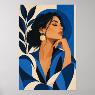 Elegante vrouw in blauwe moderne portretwandkunst poster