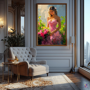 Elegante vrouw in bloementuin in impressionistisch poster