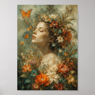 Elegante vrouw in botanische modeportret poster