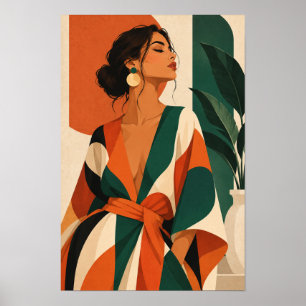Elegante vrouw in oranje en groene moderne wandkun poster