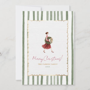 Elegante vrouw kerstkrans groene strepen foto feestdagenkaart