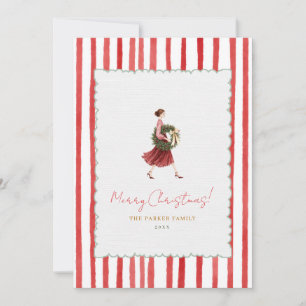 Elegante vrouw kerstkrans rode strepen foto feestdagenkaart