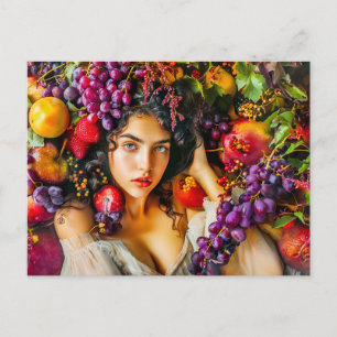 Elegante vrouw met granaatappeldruiven en bloemen briefkaart