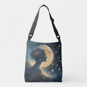 Elegante vrouw onder de gouden maan en sterren crossbody tas