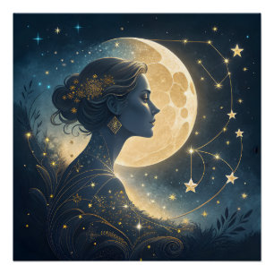 Elegante vrouw onder de gouden maan en sterren perfect poster
