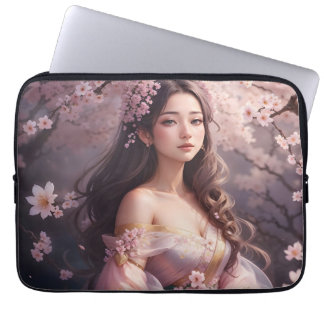 Elegante vrouw te midden van bloeiende kersenbloes laptop sleeve