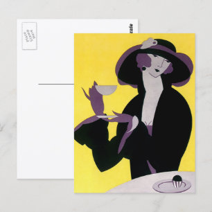 Elegante vrouw uit vroeger tijden drinkt thee tijd briefkaart