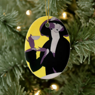 Elegante vrouw uit vroeger tijden drinkt thee tijd keramisch ornament