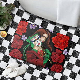 Elegante Vrouw Venetiaans Masker Rood Groen Badmat