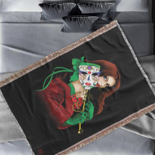 Elegante Vrouw Venetiaans Masker Rood Groen Deken