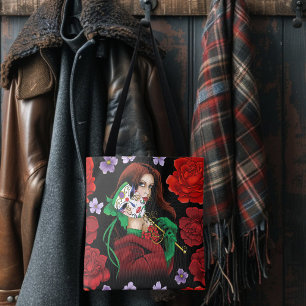 Elegante vrouw Venetiaans masker rood groen Draagtas