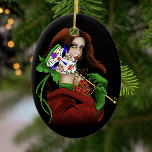 Elegante vrouw Venetiaans masker rood groen Keramisch Ornament