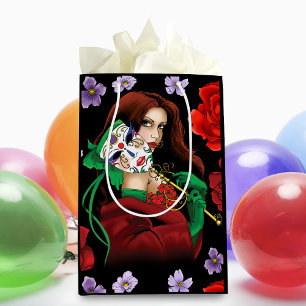 Elegante Vrouw Venetiaans Masker Rood Groen Medium Cadeauzakje