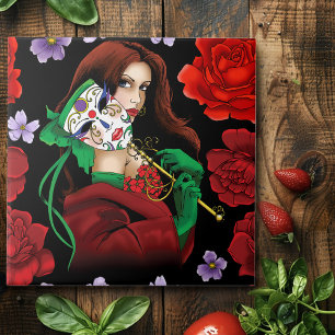 Elegante Vrouw Venetiaans Masker Rood Groen Tegeltje