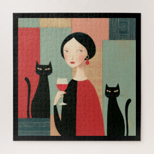 Elegante vrouw Zwarte katten en wijn Legpuzzel