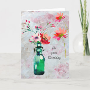 Elegante Vrouwelijke Waterverf Bloemen Verjaardag Kaart