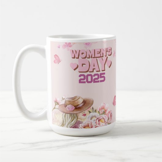 Elegante Vrouwendag 2025 met Roze Bloemen Ontwerp Koffiemok (Links)