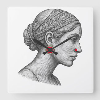 Elegante vrouwenportret met rode accent wandklok vierkante klok