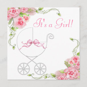 Elegante wagen roze roos babyshower uitnodigingen