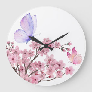 Elegante wandklok met tak van kersenbloesem en grote klok