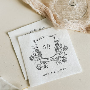 Elegante Wapen en Monogram Zwart-Wit Huwelijk Servet