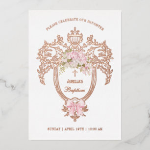 Elegante Wapenschild Roze Strik Doop Rose Goud Folie Uitnodiging