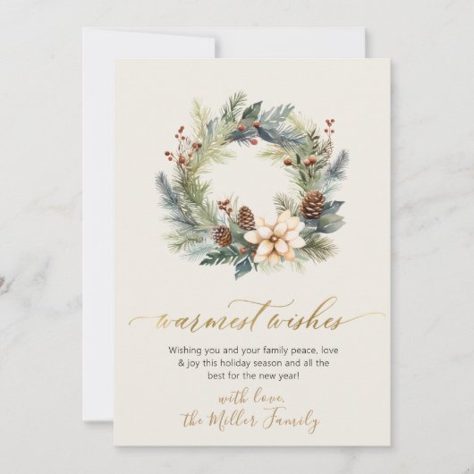 Elegante Warmste Wensen Gouden Script Krans Groen Feestdagenkaart (Voorkant)