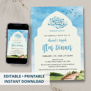 Elegante Watercolor Iftar Uitnodiging Boog Tuin
