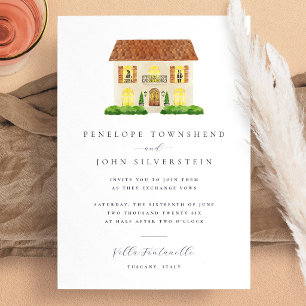 Elegante Watercolor Villa Illustratie Trouwen Kaart