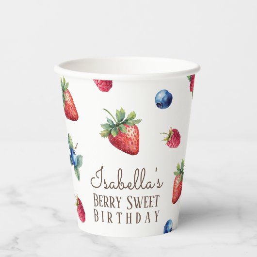 Elegante Waterverf Aardbeienbessenlief Verjaardag Papieren Bekers (Voorkant)