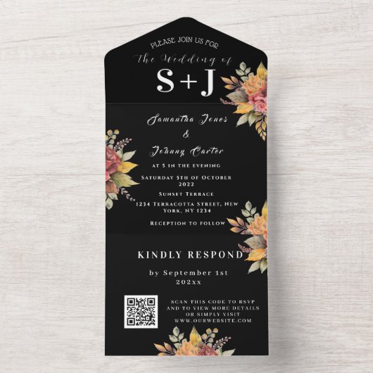 Elegante Waterverf Aardige Bloemen Bruiloft RSVP All In One Uitnodiging (Binnen)